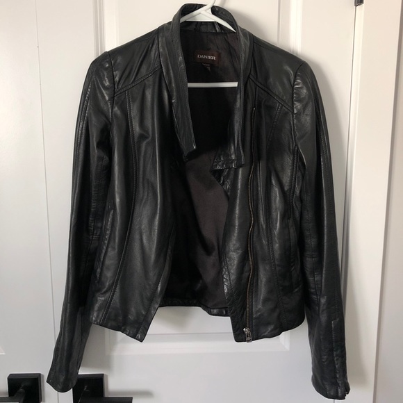 COPY - Danier Asymmetrical Zip Front Black Leather Jacket - Picture 2 of 9